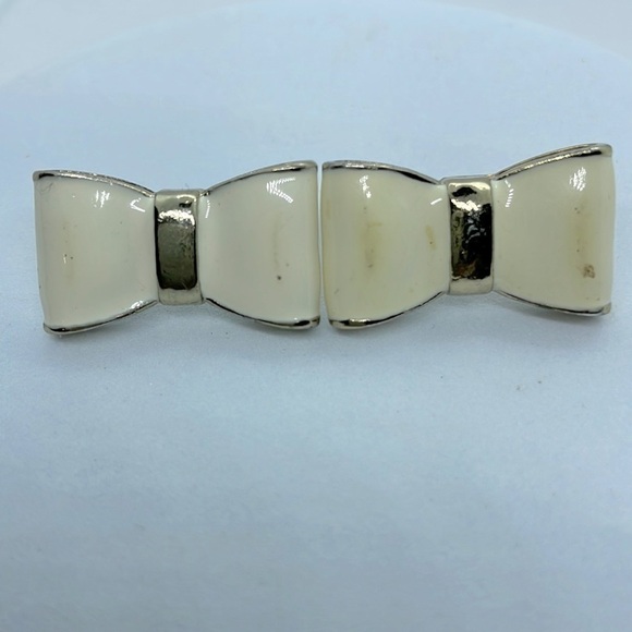 Gold  White Enamel Bow Studs - Picture 1 of 9